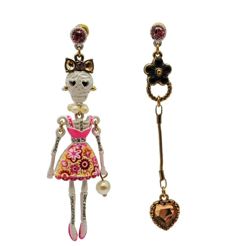 Betsey Johnson Skeleton Earrings Dia de los Muertos Pink Heart 3" Drop Dangle